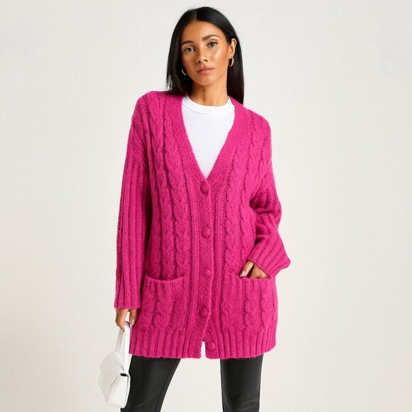 ShoeDazzle Hot Pink Oversized Cable Knit Boyfriend Cardigan Y2K Street S NEW - Picture 1 of 3